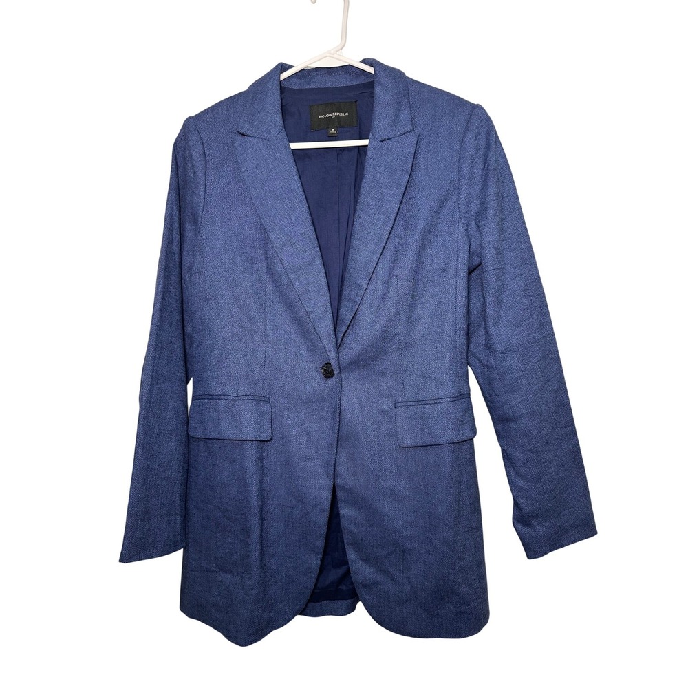 Banana Republic Blue Herringbone Linen Blend Single Button Blazer Jacket Size 8